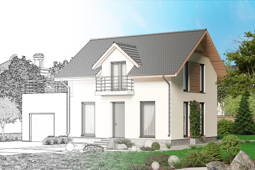 3d render. Sketch of a cottage to become a real house