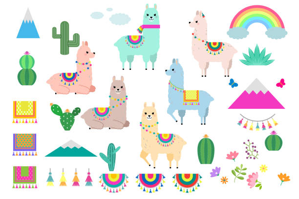 귀여운 라마, alpacas 및 보육 디자인, 포스터, 인사말, 생일 카드, 베이비 샤워 설계 및 파티 장식 선인장 컬렉션 요소 벡터 세트 - nobody wool multi colored love stock illustrations