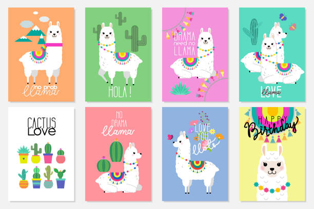 귀여운 라마, alpacas 및 보육 디자인, 포스터, 인사말, 생일 카드, 선인장 그림 아기 샤워 설계 및 파티 장식 - nobody wool multi colored love stock illustrations