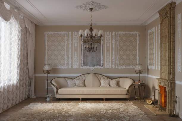 istock Beige classic living room with fireplace 983955544