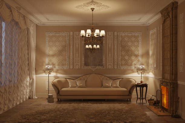 Beige classic living room with fireplace in the evening