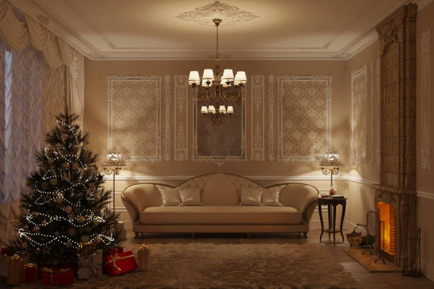 Beige classic living room with fireplace in the evening