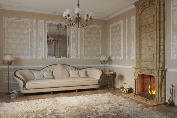 Beige classic living room with fireplace