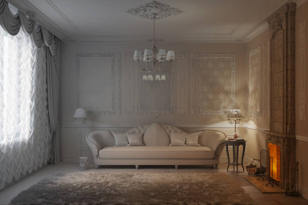 istock Beige classic living room with fireplace becomes a white render 983959168