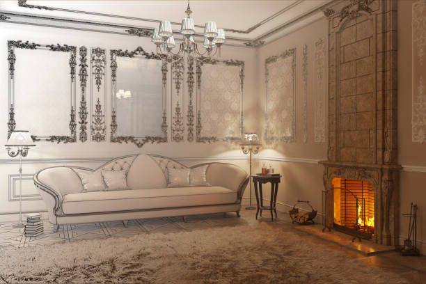 istock Beige classic living room with fireplace becomes a drawing 983959752