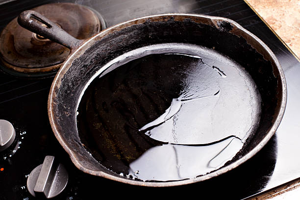 Old cast iron skillet with oil stock photo