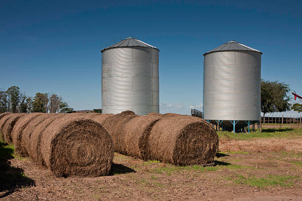 silos and hay bales stock photo