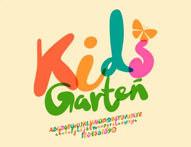 Vector illustration of Vector colorful modern poster Kids Garten with handwritten Font