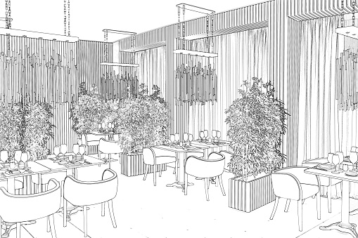 3d render. Drawing sketch of the restaurant