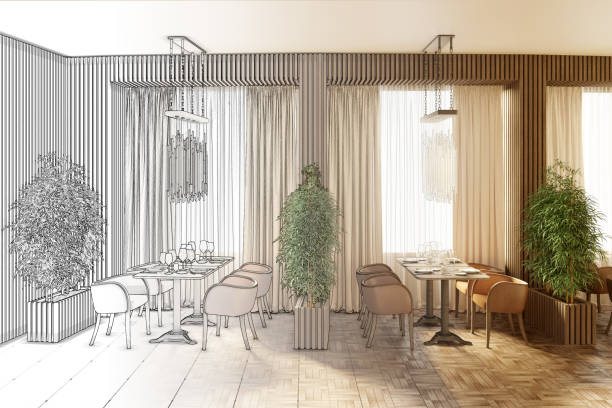 istock Drawing sketch of the restaurant becomes a real interior 983963662
