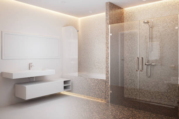 cuarto de baño se convierte en un interior real - loft apartment bathroom mosaic tile fotografías e imágenes de stock