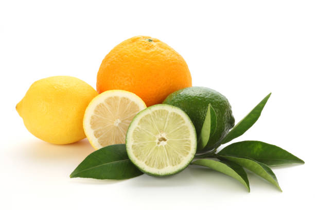 conjunto de frutas cítricas con hojas sobre fondo blanco - fruta cítrica fotografías e imágenes de stock