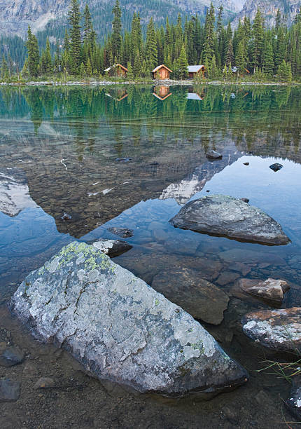 istock Log Cabins On Edge Of Lake 98396823