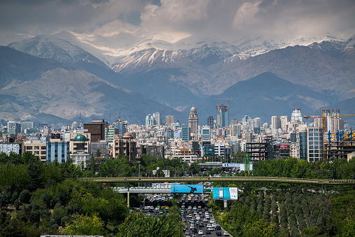 Tehran, Iran, april 2018: Tehran skyline view with Alborz Mountains on background