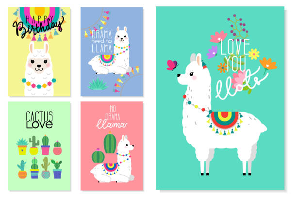 Cute llamas, alpacas and cactus illustrations for nursery design, poster, greeting, birthday card, baby shower design and party decor Cute llamas, alpacas and cactus illustrations for nursery design, poster, greeting, birthday card, baby shower design and party decor lama religious occupation stock illustrations