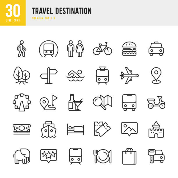 Travel Destination - set of thin line vector icons Set of 30 Travel and Tourism Destination thin line vector icons bus transportation stock illustrations