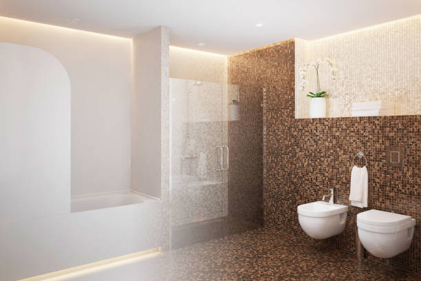 душевая комната становится настоящим интерьером - loft apartment bathroom mosaic tile стоковые фото и изображения