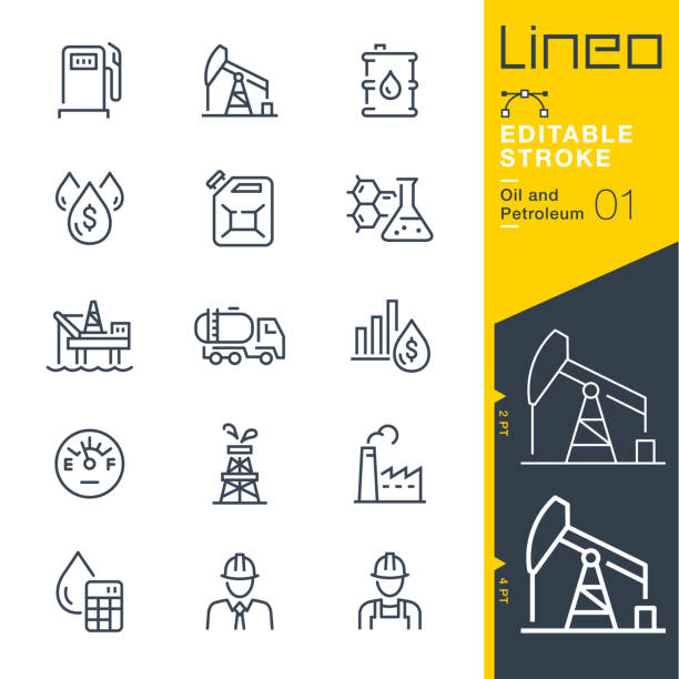 lineo editierbare schlaganfall - erdöl und erdölprodukte linie symbole - fossiler brennstoff stock-grafiken, -clipart, -cartoons und -symbole