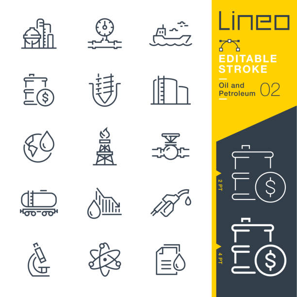 lineo editierbare schlaganfall - erdöl und erdölprodukte linie symbole - bohrmaschine stock-grafiken, -clipart, -cartoons und -symbole