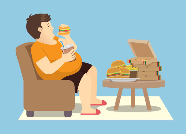 толстый человек переедание со многими фаст-фуд на столе. - pizza pizza box cartoon take out food stock illustrations