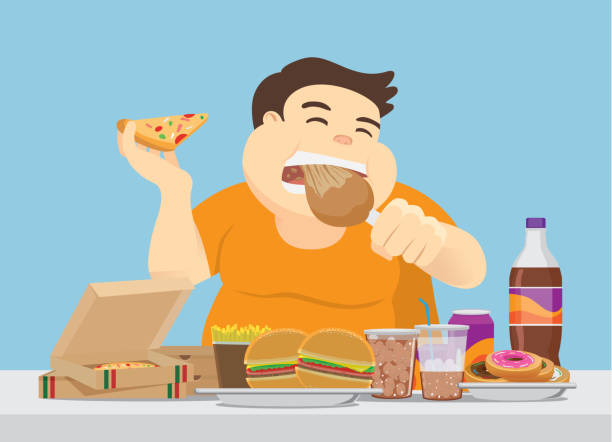 ilustraciones, imágenes clip art, dibujos animados e iconos de stock de hombre gordo disfruta con un montón de comida en la mesa. - comer demasiado