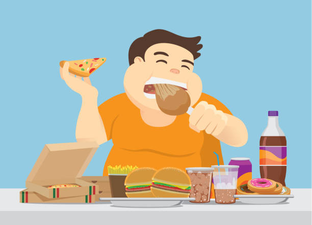 illustrazioni stock, clip art, cartoni animati e icone di tendenza di l'uomo grasso si diverte con un sacco di fast food sul tavolo. - man eating