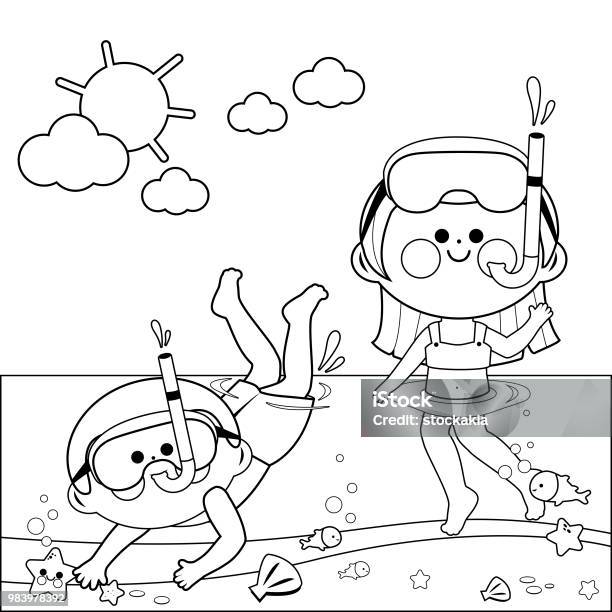 Children With Diving Masks Swimming In The Sea Black And White Coloring Book Page Stock Illustration - Download Image Now