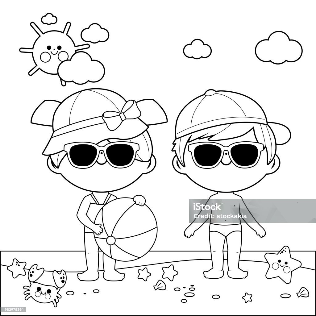 Children at the beach with hats and sunglasses. Black and white coloring book page A boy and a girl with swimsuits at the beach, wearing hats and sunglasses and playing with a beach ball. Vector black and white illustration Coloring stock vector