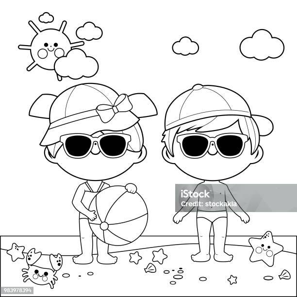 Children At The Beach With Hats And Sunglasses Black And White Coloring Book Page Stock Illustration - Download Image Now