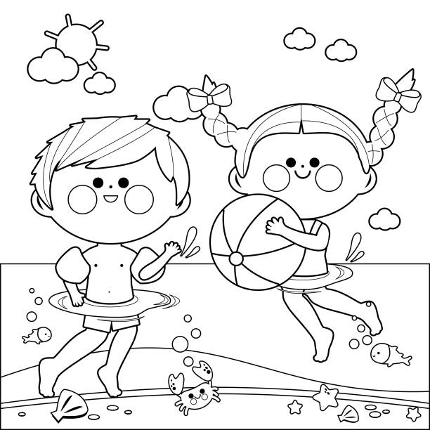 illustrations, cliparts, dessins animés et icônes de enfants nager dans la mer. noir et blanc, livre de coloriage - beach ball ball beach white