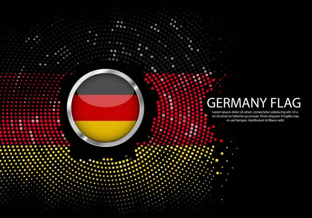 Vector illustration of Background Halftone gradient template or LED neon Light on round Dots style of Germany flag.  Modern soccer cup for futuristic background with circle metallic round of Germany flag. Vector.