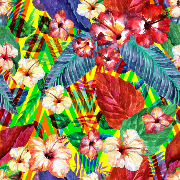 istock Tropical floral pattern seamless watercolour background on a geometric print. exotic flowers hibiscus and palm leaves on a colorful stripes. Watercolor painted blossom flowers for natural design. Exotic plant on a zigzag ornament. 983995030