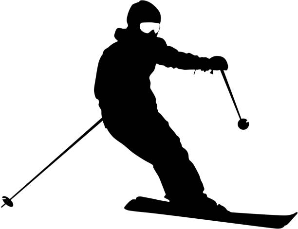 illustrazioni stock, clip art, cartoni animati e icone di tendenza di sciatore di montagna che accelera lungo la pista sport silhouette - sciatore velocità