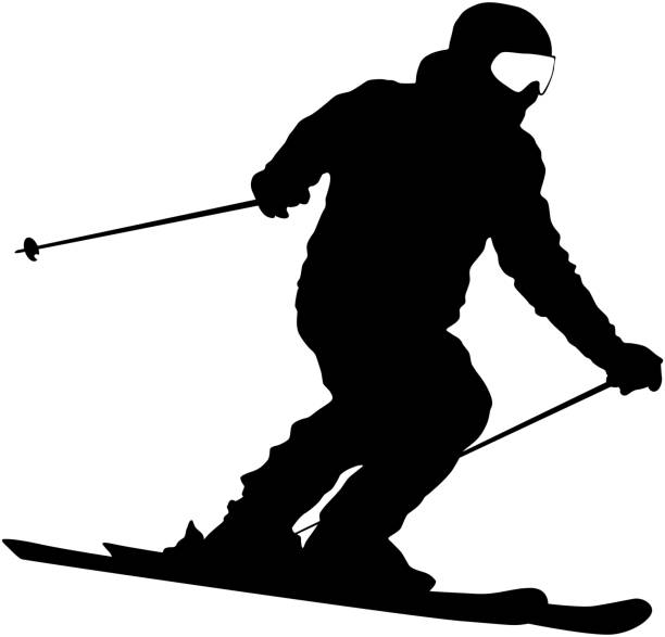 illustrazioni stock, clip art, cartoni animati e icone di tendenza di sciatore di montagna che accelera lungo la pista sport silhouette - sciatore velocità