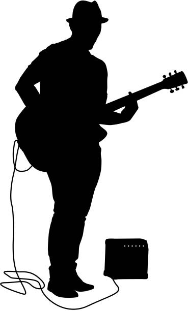Silhouette musician plays the guitar on a white background Silhouette musician plays the guitar on a white background. musician stock illustrations
