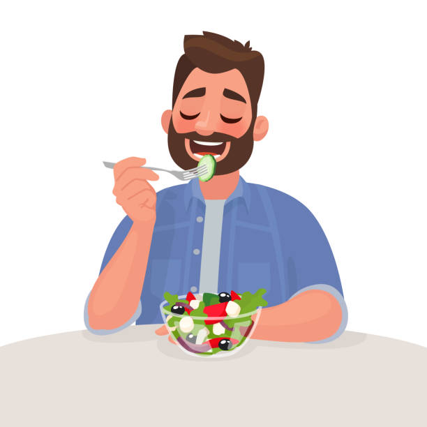 男は、サラダを食べています。ベジタリアン。適切な栄養と健康的なライフ スタイルのコンセプトです。ベクトル図 - silverware lunch table salad点のイラスト素材／クリップアート素材／マンガ素材／アイコン素材