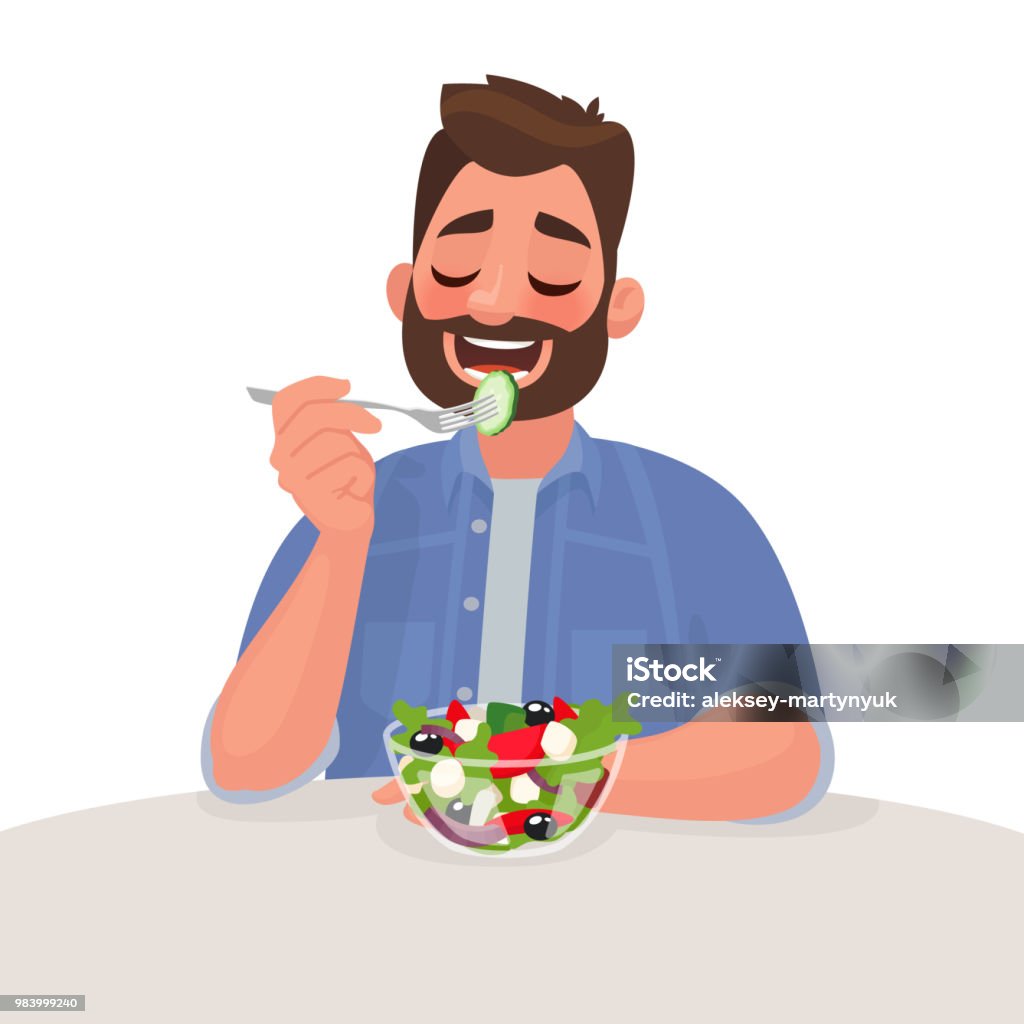Man is eating a salad. Vegetarian. The concept of proper nutrition and healthy lifestyle. Vector illustration Man is eating a salad. Vegetarian. The concept of proper nutrition and healthy lifestyle. Vector illustration in cartoon style Healthy Eating stock vector