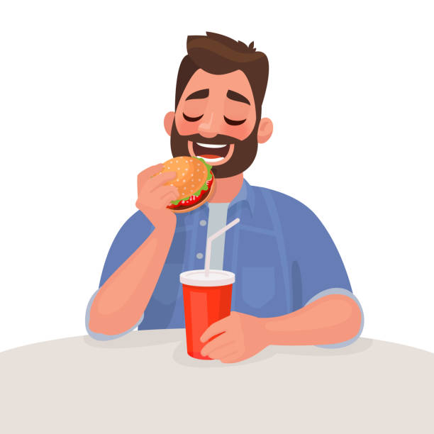 illustrazioni stock, clip art, cartoni animati e icone di tendenza di l'uomo sta mangiando fast food. il concetto di dieta malsana e stile di vita sbagliato. illustrazione vettoriale - man eating