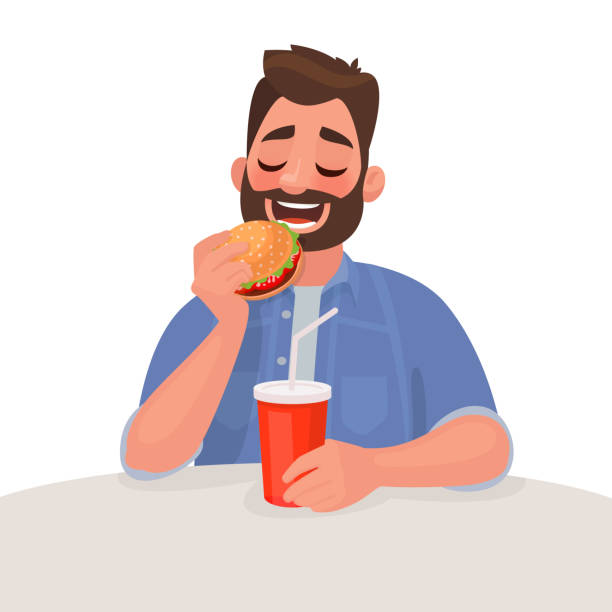 ilustrações, clipart, desenhos animados e ícones de homem é comer fast-food. o conceito de dieta saudável e estilo de vida errado. ilustração vetorial - burger sandwich hamburger eating