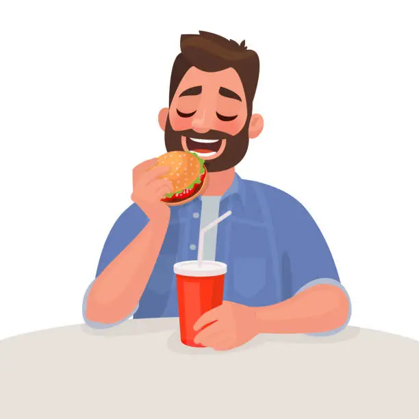 Vector illustration of Man is eating fast food. The concept of unhealthy diet and wrong lifestyle. Vector illustration