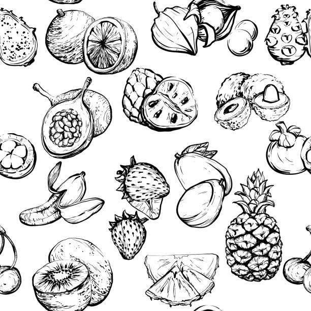 Monochrome exotic summer seamless pattern with fruit Monochrome exotic summer seamless pattern with fruit, Healthy food vector illustration mango fruit drawing stock illustrations