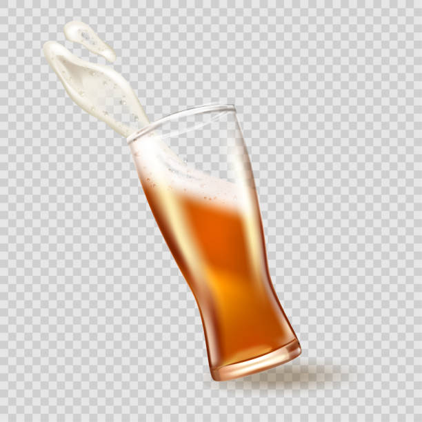 Glass with splashing beer, attractive beer mockup in 3d template on transparent background. Vector Stock illustration Glass with splashing beer, attractive beer mockup in 3d template background of a cheers beer mugs stock illustrations
