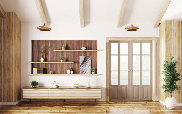 istock Interior of living room with sideboard and door 3d rendering 984000514