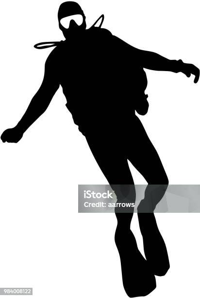 Black Silhouette Scuba Divers On A White Background Stock Illustration - Download Image Now