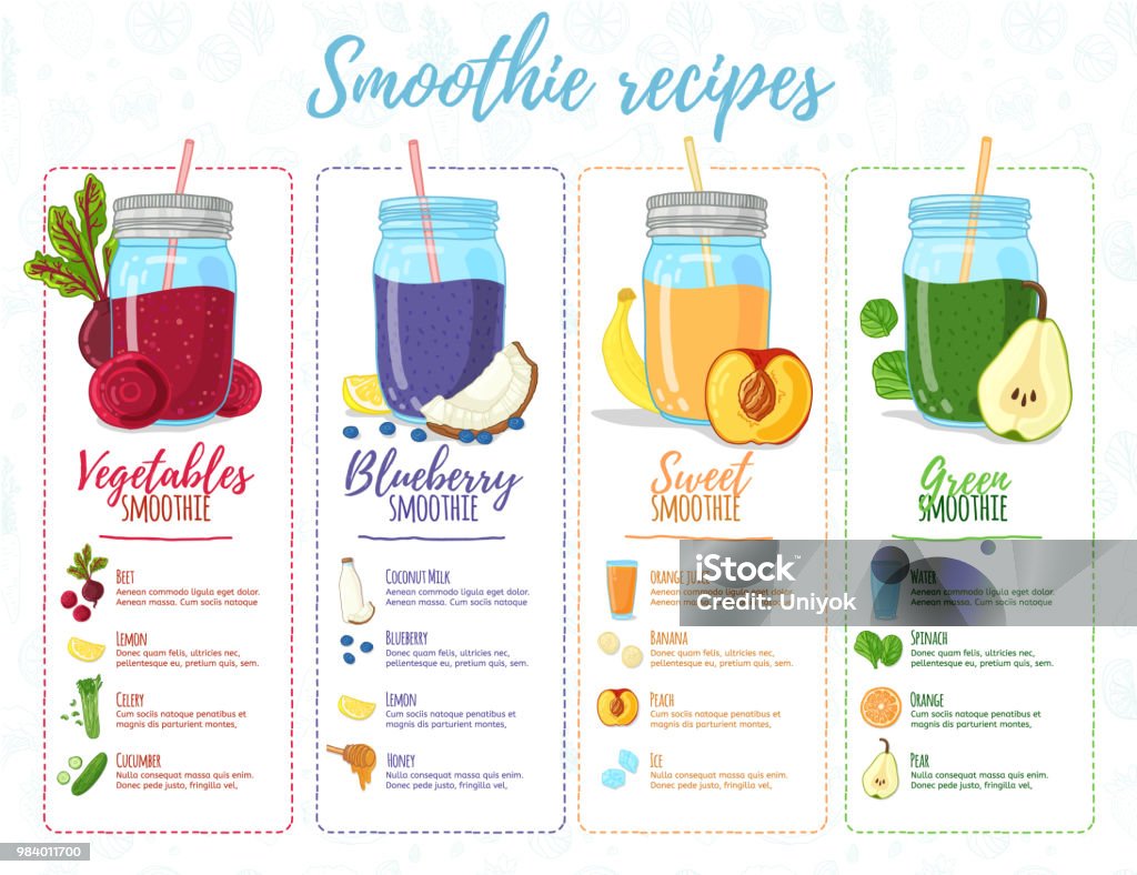 Bannière de conception de modèle, brochure, dépliant avec recettes smoothie. Menu avec recettes et ingrédients pour un bio, jus de désintoxication. Désintoxication de cocktails à base de fruits, de légumes et d’herbes. Vector - clipart vectoriel de Recette libre de droits