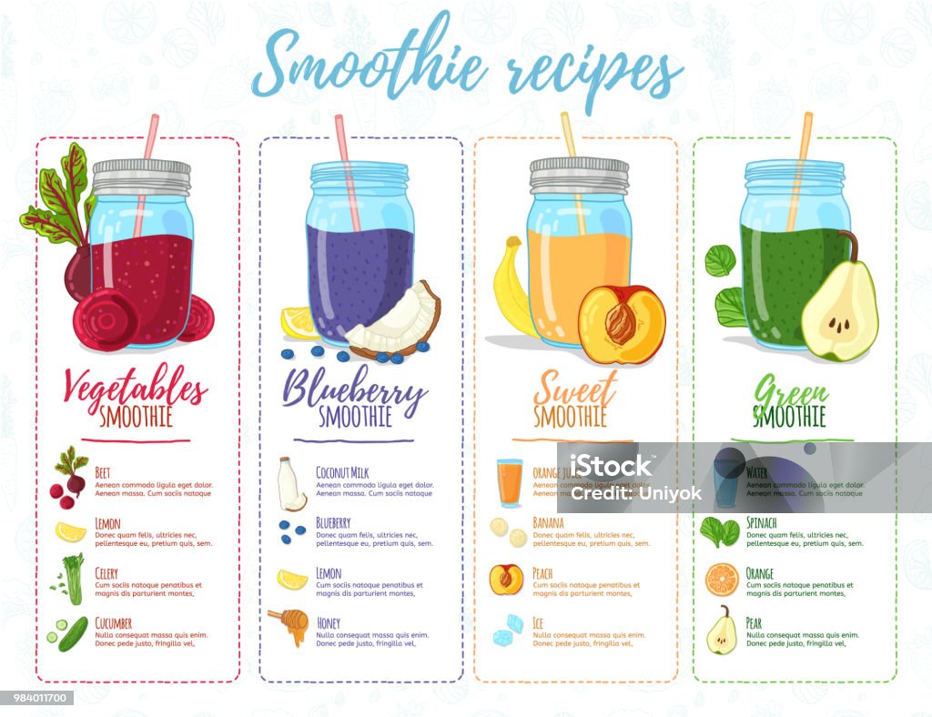 Template design banner, brochure,  flyer with smoothie recipes. Menu with recipes and ingredients for a organic, detox juice. Detox cocktails made from fruits, vegetables and herbs. Vector Template design banner, brochure,  flyer with smoothie recipes. Menu with recipes and ingredients for a organic, detox juice. Detox cocktails made from fruits, vegetables and herbs. Vector. Recipe stock vector