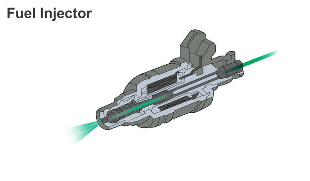 wtrysk paliwa to wprowadzenie paliwa do silnika spalinowego, najczęściej silników samochodowych, za pomocą wtryskiwacza. - turbo diesel stock illustrations