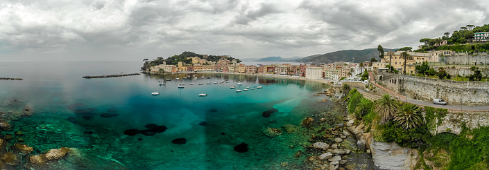 Aerial View of Sestri Levante town in Liguria, Italy. Scenic Mediterranean riviera coast. Historical Old Town with colorful houses and sand beach at beautiful coast of Italy.
