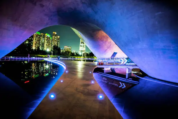 It is the night scenery of Songdo which is the closest city to Incheon International Airport. It is a beautiful city with all the benefits for foreign trade and commerce.