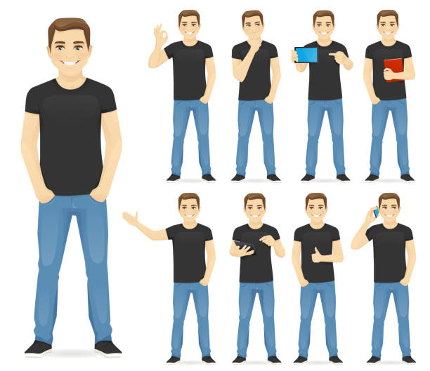 Man in casual outfit set Man in casual outfit set with different gestures isolated man presentation stock illustrations